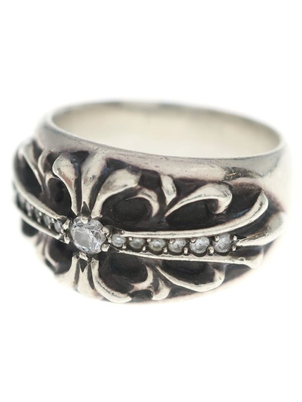 Chrome Hearts Flrl Crs P Dia Floral Black Sling Pave Diamond Silver Ring